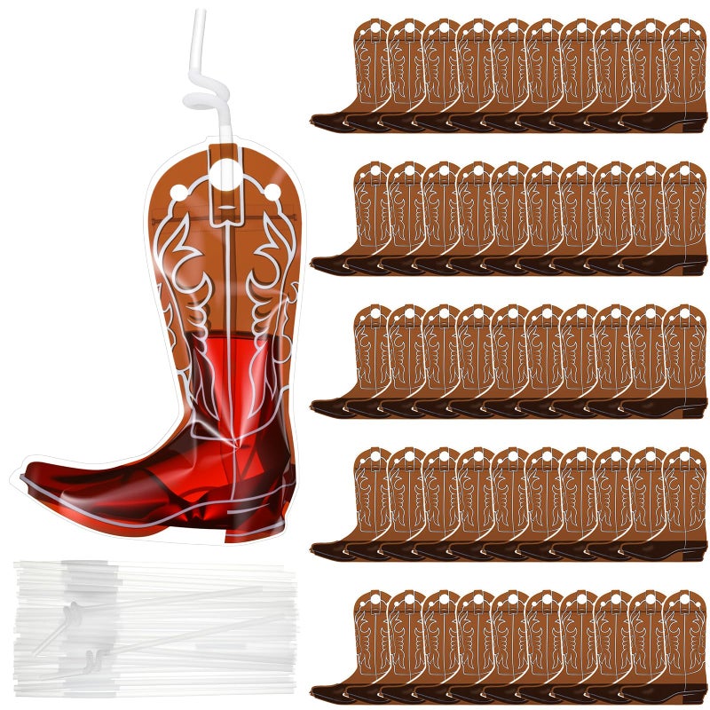 Jingmore 50 Set Cowboy Boot Drink Pouches with Straws Cowgirl Boot Zipper Smoothie Pouches Heavy Duty Reclosable Bag for Western Themed Rodeo Supplies Valentine's Day Party (6oz,Brown) - Image 1