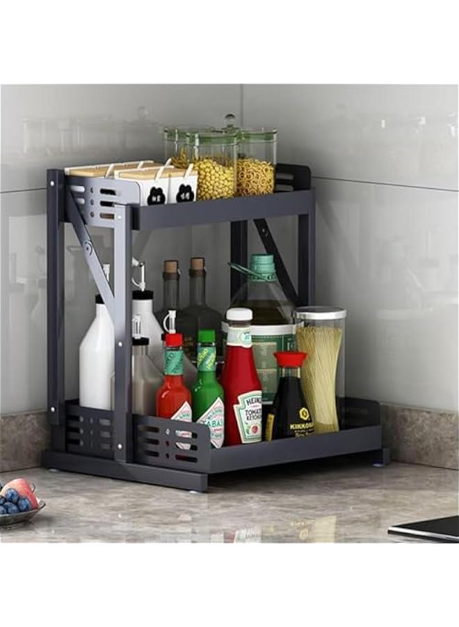 هوكور منظم رف توابل قابل للسحب من طبقتين لسطح الطاولة والخزانة، حامل تخزين برطمانات قائم قابل للطي للتخزين في المطبخ من بايبي (اسود) - Image 1