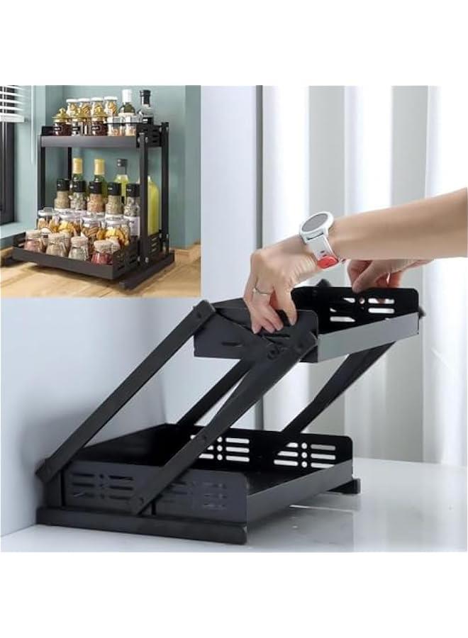 هوكور منظم رف توابل قابل للسحب من طبقتين لسطح الطاولة والخزانة، حامل تخزين برطمانات قائم قابل للطي للتخزين في المطبخ من بايبي (اسود) - Image 3