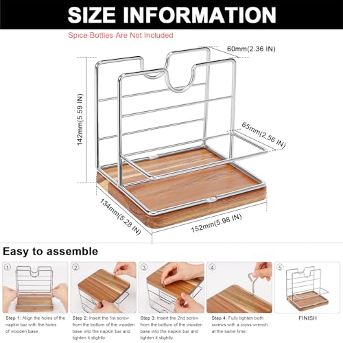 Livabber Napkin Holder, Metal Napkin Storage with Salt and Pepper Shakers Caddy Modern Napkin Dispenser for Table Kitchen Countertop, Not Including Salt and Pepper Shakers (Middle Wooden, Chrome) - Image 2