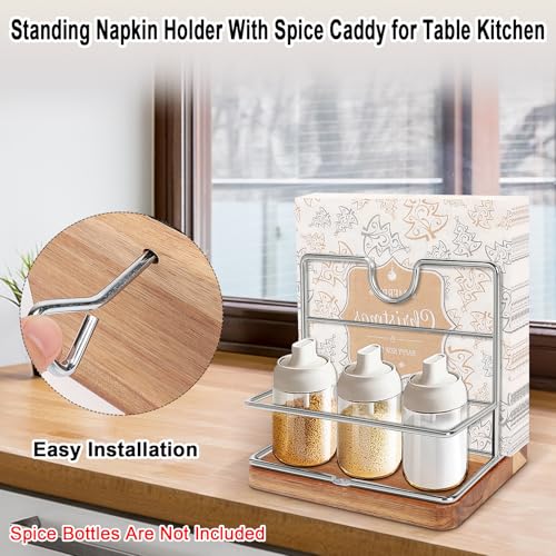 Livabber Napkin Holder, Metal Napkin Storage with Salt and Pepper Shakers Caddy Modern Napkin Dispenser for Table Kitchen Countertop, Not Including Salt and Pepper Shakers (Middle Wooden, Chrome) - Image 4