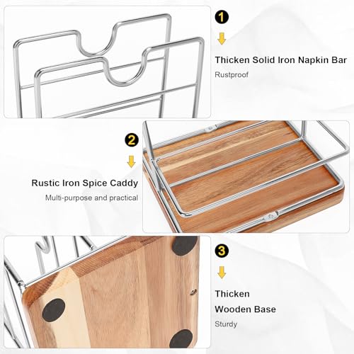 Livabber Napkin Holder, Metal Napkin Storage with Salt and Pepper Shakers Caddy Modern Napkin Dispenser for Table Kitchen Countertop, Not Including Salt and Pepper Shakers (Middle Wooden, Chrome) - Image 3