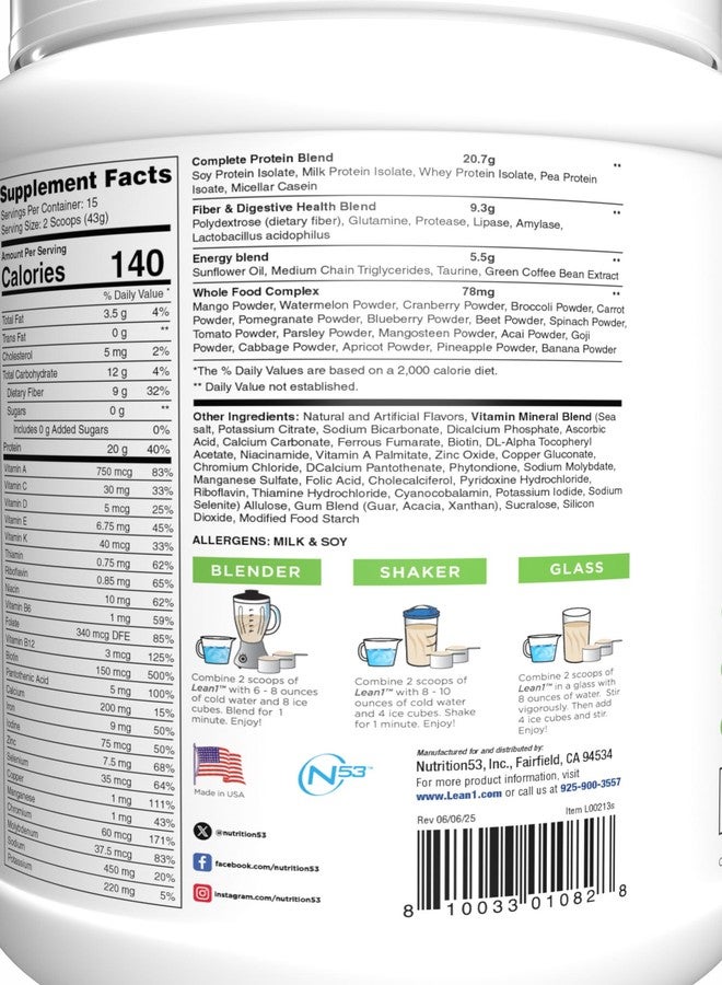 N53 Lean1 Meal Replacement Protein Powder, Vanilla Flavor, 15 Serving tub, No Sugar Added - Image 4