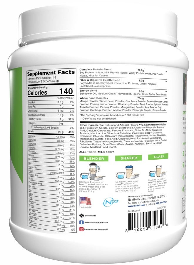 N53 Lean1 Meal Replacement Protein Powder, Vanilla Flavor, 15 Serving tub, No Sugar Added - Image 3