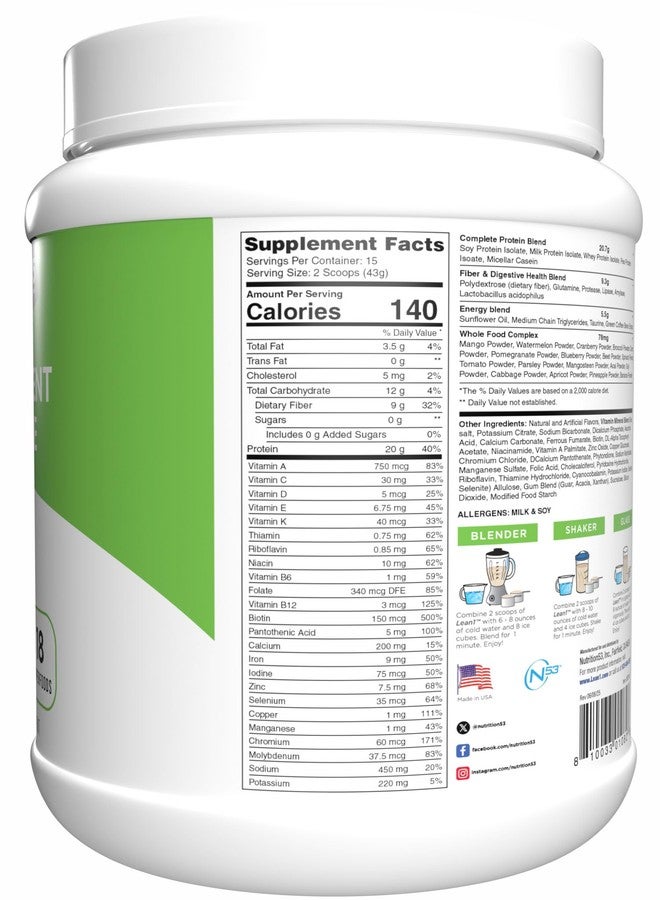 N53 Lean1 Meal Replacement Protein Powder, Vanilla Flavor, 15 Serving tub, No Sugar Added - Image 2