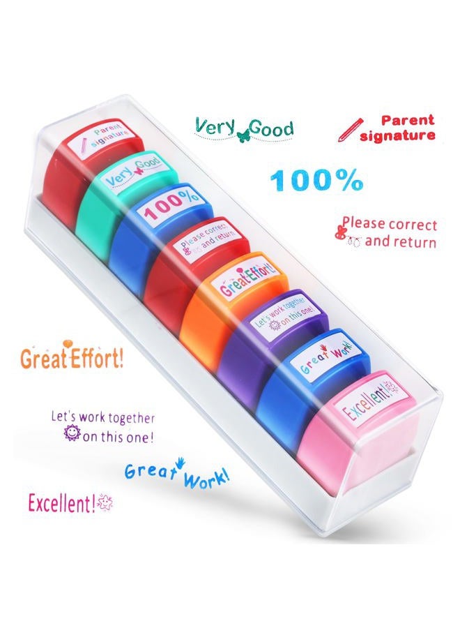 Tmtains 8Pcs Teacher Stamps for Classroom Teacher Supplies Self-inking Grading Stamps Encouraging Comments for Parent Signature School Teachers Review Feedback Homework Reward Colorful Stamp with Tray - Image 1