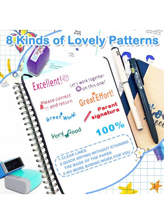 Tmtains 8Pcs Teacher Stamps for Classroom Teacher Supplies Self-inking Grading Stamps Encouraging Comments for Parent Signature School Teachers Review Feedback Homework Reward Colorful Stamp with Tray - Image 2