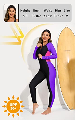 ALLTOKE Womens Full Body Rash Guard with Built in Bra Long Sleeve One Piece Swimsuit UPF50+ Zip Front Bathing Suit Black Purple M - Image 4