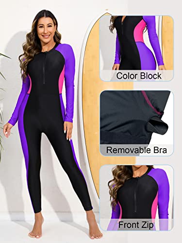 ALLTOKE Womens Full Body Rash Guard with Built in Bra Long Sleeve One Piece Swimsuit UPF50+ Zip Front Bathing Suit Black Purple M - Image 3