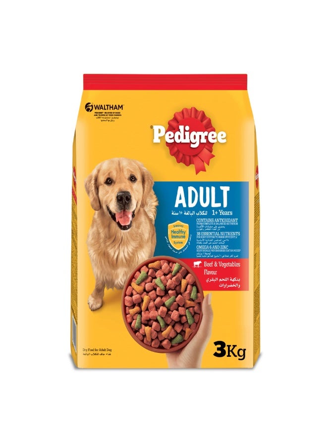 بيديجري طعام جاف للكلاب البالغة من بيدجري بنكهة لحم البقر والخضروات، 3 كجم، تغذية كاملة لعضلات قوية ونظام مناعي صحي وفراء لامع - Image 1