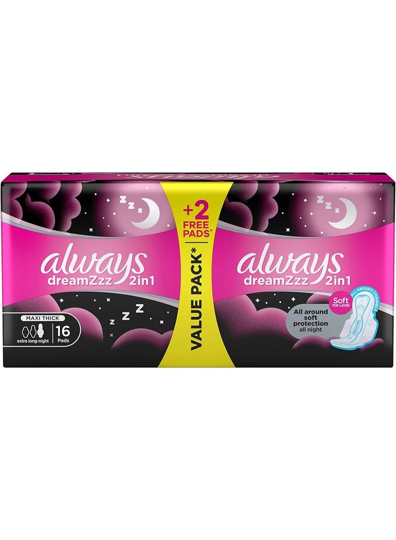 Value Pack Dreamzz 2 In 1 Maxi Thick Extra Long 16 Pads