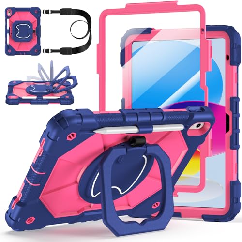 Auorld Case for iPad A16 11th Generation 11 Inch 2025 Auorld for iPad 10th Generation 109 inch 2022 case with Screen Protector 360 Degree Rotating Stand Shoulder Strap Pencil Holder Navy Pink - Image 1