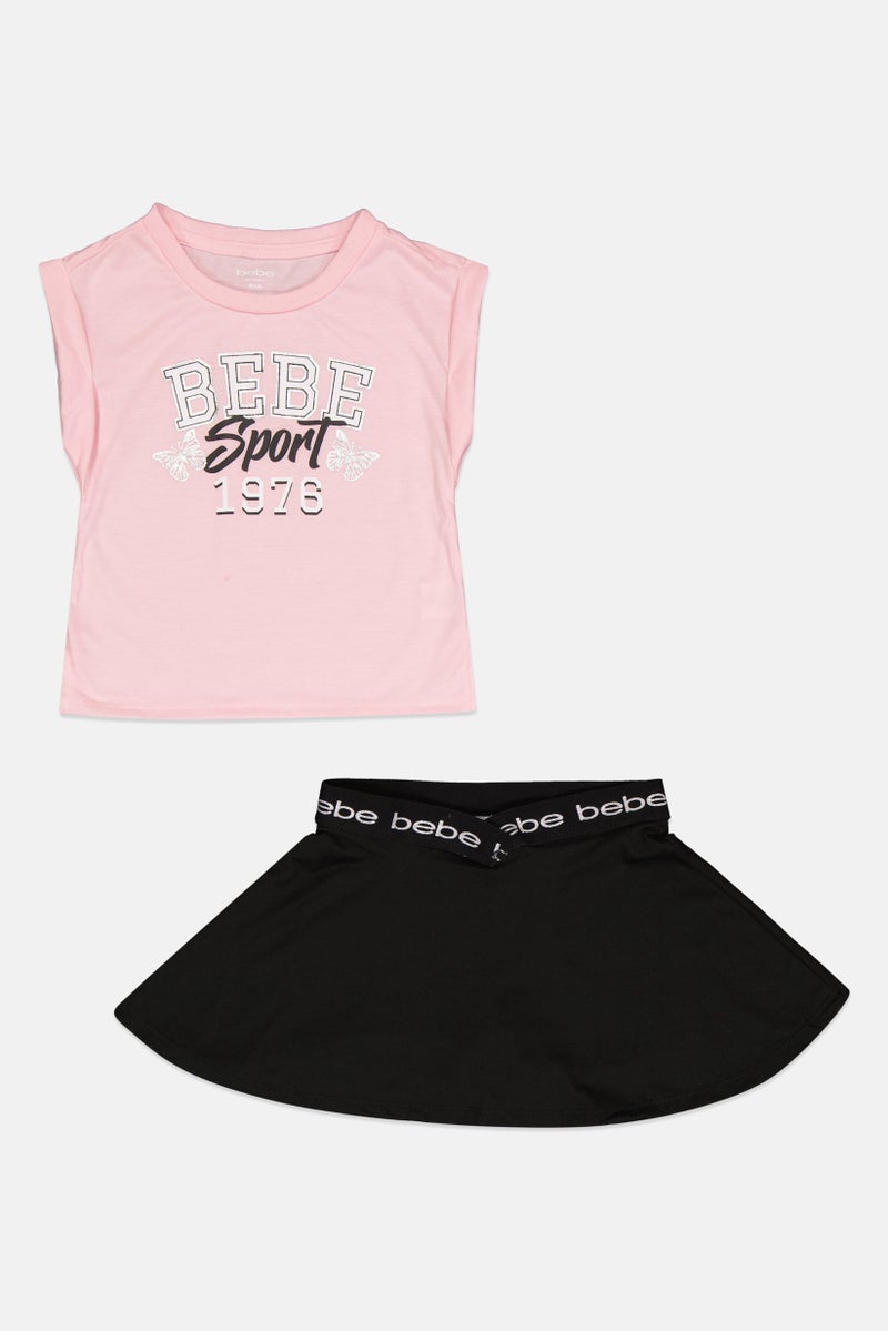 bebe Kids Girl 2 Pcs Brand Logo Training T-Shirt And Skort Set, Multicolor - Image 2