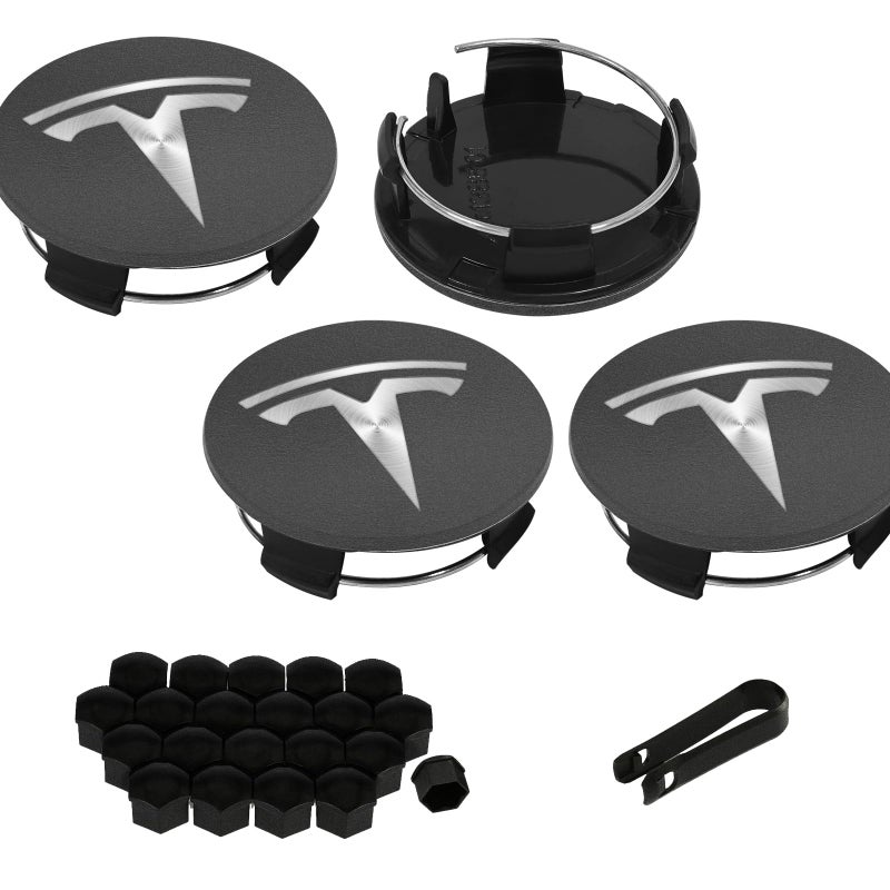 Knomix 4 Pack Exterior Decoration Wheel Center Cover for Tesla Model 3 Model Y,56mm Hubcaps Wheel Rim Cover Tesla Center Caps Hubcaps+20 Black Lug Nut Covers (Matte Grey+Silver Emblem) - Image 1