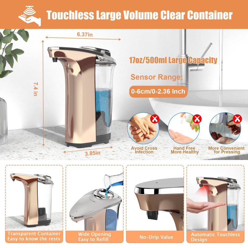 PZOTRUF Automatic Soap Dispenser, PZOTRUF Touchless 17oz/500ml with Upgraded Infrared Sensor, 5 Adjustable Soap Dispensing Levels, Liquid Hand Soap Dispenser for Bathroom (Rose Gold) - Image 2