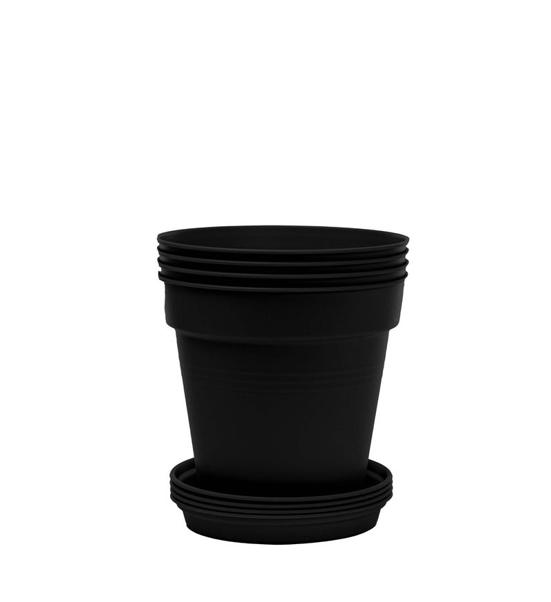 Round Flower Pot Planters Medium - Pack of 4 with bottom tray - Plastic | Color - Black | Size - 15x15x14cm | Asthetically Decorate Your Terrace, Garden or Patio. Ideal for outdoor or indoors