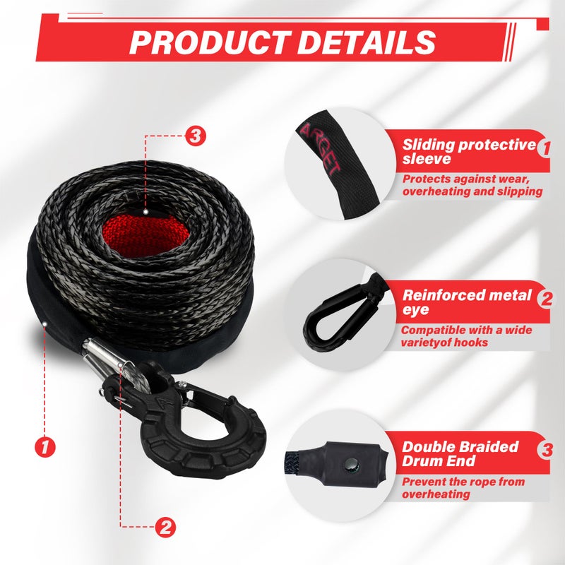 TYT Synthetic Winch Rope Kit - 1/2" x 92' with 32000 lbs Strength, Protective Sleeve, Heavy Duty Hook and Safety Pull Strap for Off-Road 4x4 Vehicles, Trucks (Black) - Image 4