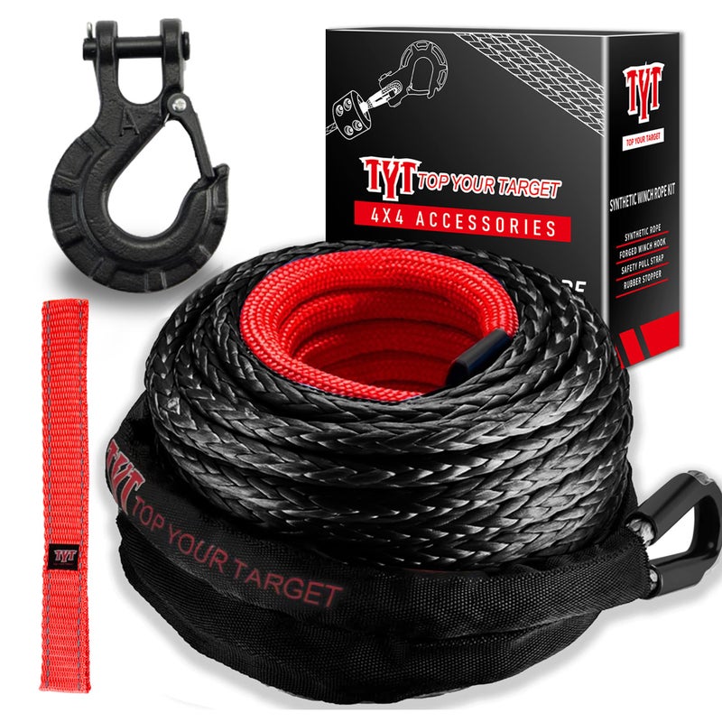 TYT Synthetic Winch Rope Kit - 1/2" x 92' with 32000 lbs Strength, Protective Sleeve, Heavy Duty Hook and Safety Pull Strap for Off-Road 4x4 Vehicles, Trucks (Black) - Image 1