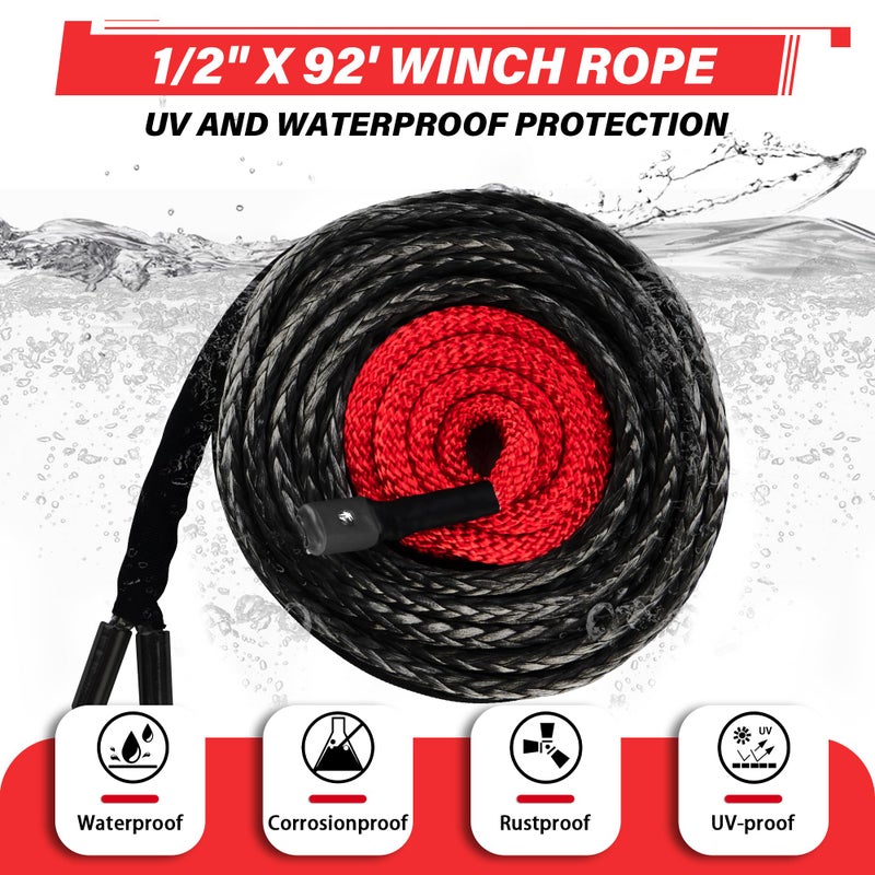 TYT Synthetic Winch Rope Kit - 1/2" x 92' with 32000 lbs Strength, Protective Sleeve, Heavy Duty Hook and Safety Pull Strap for Off-Road 4x4 Vehicles, Trucks (Black) - Image 2