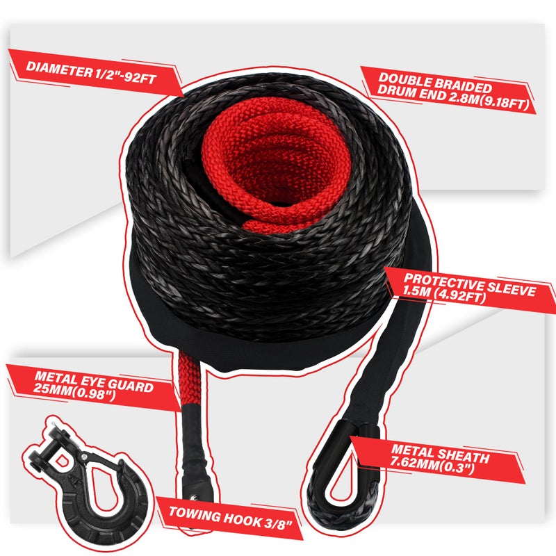 TYT Synthetic Winch Rope Kit - 1/2" x 92' with 32000 lbs Strength, Protective Sleeve, Heavy Duty Hook and Safety Pull Strap for Off-Road 4x4 Vehicles, Trucks (Black) - Image 3