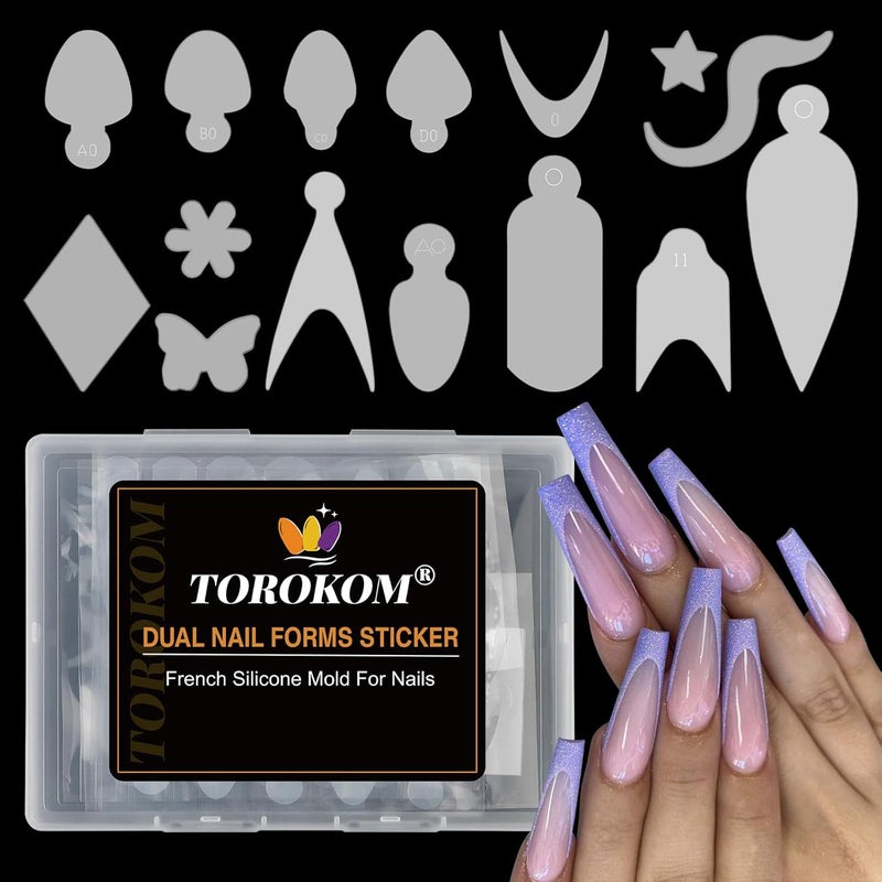 TOROKOM Nail Forms Sticker 144 PCS Silicone French Tip Nail Stickers French Manicure Pasters for Dual Nail Forms Reusable Silicone Pads for Poly Gel Nail Mold