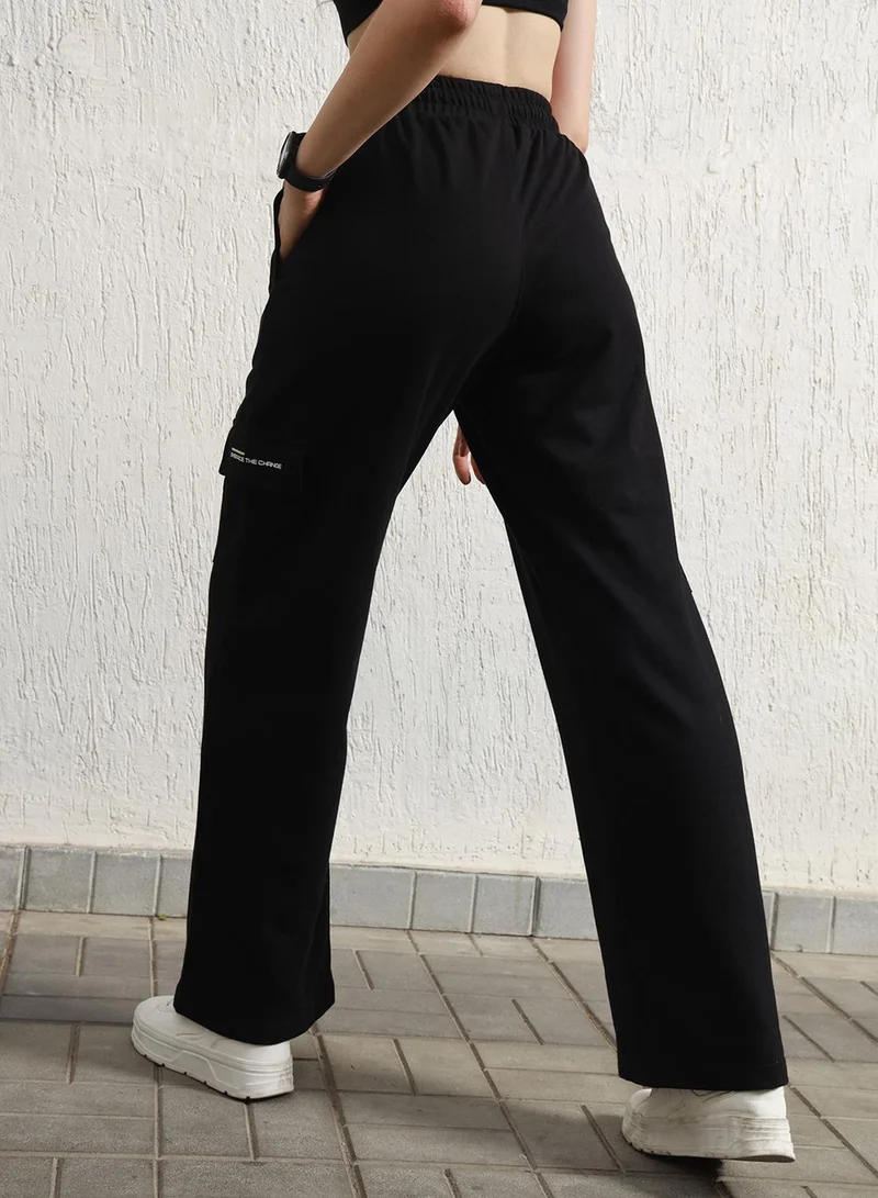Hubberholme Women's Black Cotton Blend Printed Full Length Cargo Regular Fit Trouser