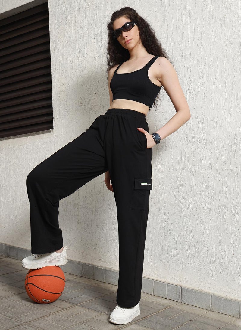 هوبرهولمي بنطلون نسائي أسود قطن مطبوع طويل بخصر عادي بقصة كارجو - Image 1