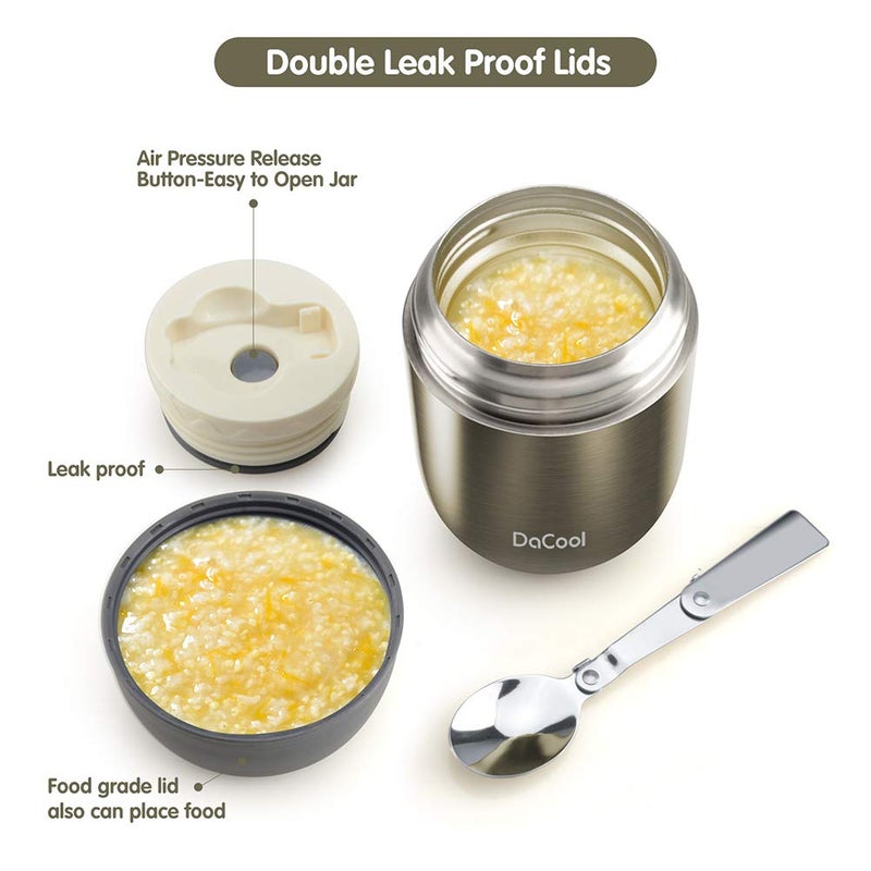 DaCool Food Thermo Insulated Food Jar Lunch Container Vacuum Stainless 16 Ounce Kids Adult Bento Box for Hot Food with Spoon Leak Proof for School Office Picnic Travel Outdoors, BPA free - Gray - Image 2
