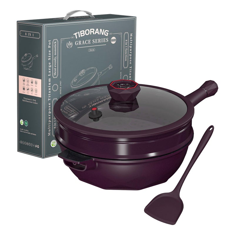 TIBORANG 8 in 1 Multipurpose 11 Inch 5 Quart Heat Indicator Nonstick Deep Frying Pan with Glass LidSteamed GridPFOAFreeDishwasherOven SafeWorks with All Stovetops Midnight Purple