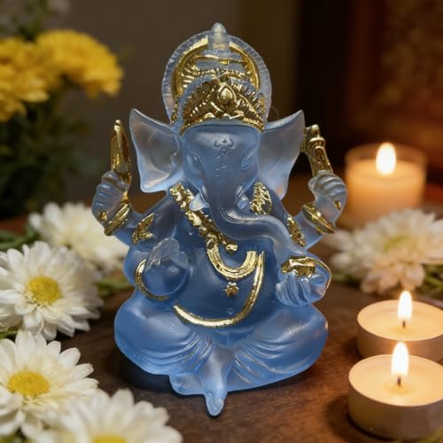Yahu Lando Indian God Lord Ganesha Statue,Blue Lmitation Glass Hindu Elephant Statue Ganpati Idol Buddha Sculptures,Hindu Gift,Home Temple Mandir Meditation Yoga Room Decor 3.55" - Image 1