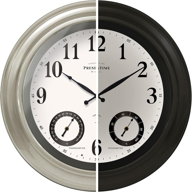 Presentime & Co 24" Jameson Illuminated in/Outdoor Clock, Modern Farmhouse, Self-Illuminated, Waterproof, Weather Station (Thermometer & Hygrometer), Metal Clock, Morning Silver. (Night Light) - Image 1