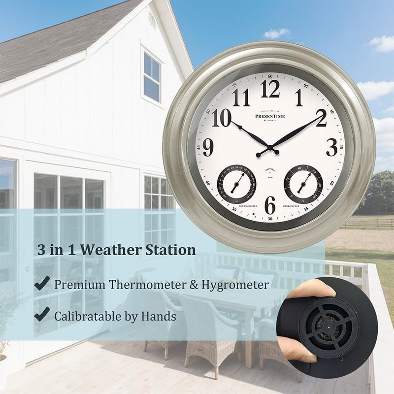 Presentime & Co 24" Jameson Illuminated in/Outdoor Clock, Modern Farmhouse, Self-Illuminated, Waterproof, Weather Station (Thermometer & Hygrometer), Metal Clock, Morning Silver. (Night Light) - Image 5