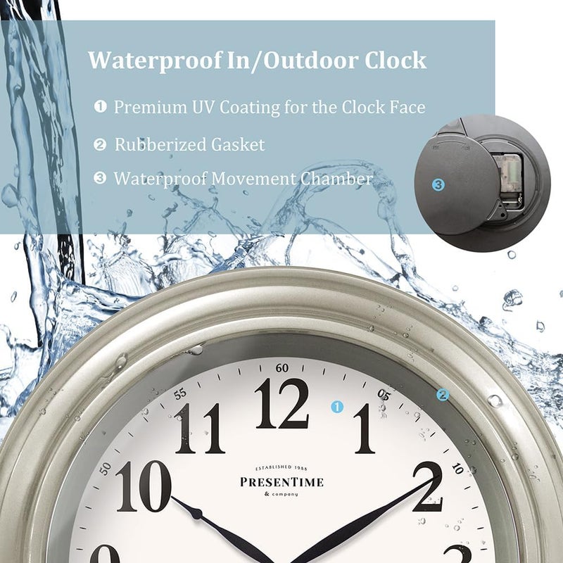 Presentime & Co 24" Jameson Illuminated in/Outdoor Clock, Modern Farmhouse, Self-Illuminated, Waterproof, Weather Station (Thermometer & Hygrometer), Metal Clock, Morning Silver. (Night Light) - Image 4