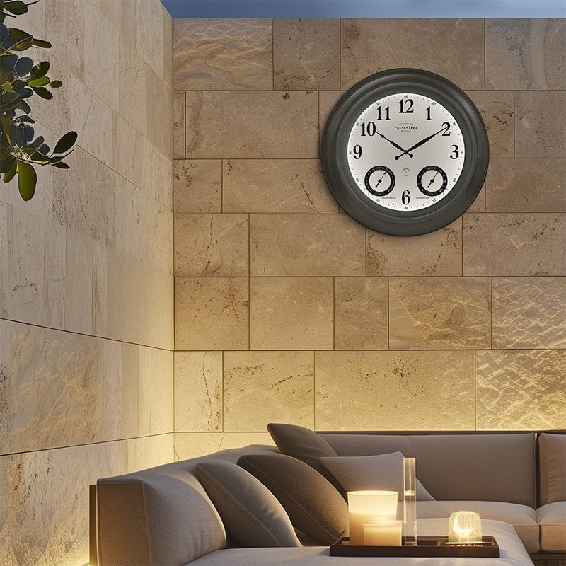 Presentime & Co 24" Jameson Illuminated in/Outdoor Clock, Modern Farmhouse, Self-Illuminated, Waterproof, Weather Station (Thermometer & Hygrometer), Metal Clock, Morning Silver. (Night Light) - Image 2