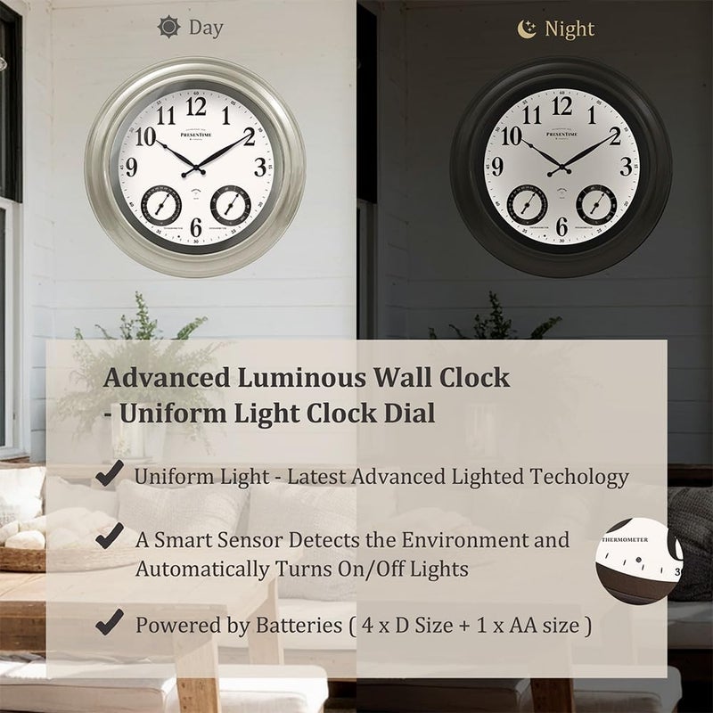 Presentime & Co 24" Jameson Illuminated in/Outdoor Clock, Modern Farmhouse, Self-Illuminated, Waterproof, Weather Station (Thermometer & Hygrometer), Metal Clock, Morning Silver. (Night Light) - Image 3