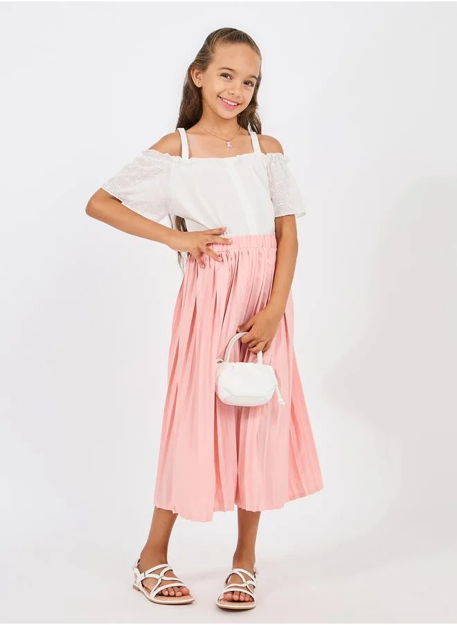 Styli Ruffle Sleeve Cold Shoulder Top & Pleated Skirt Set