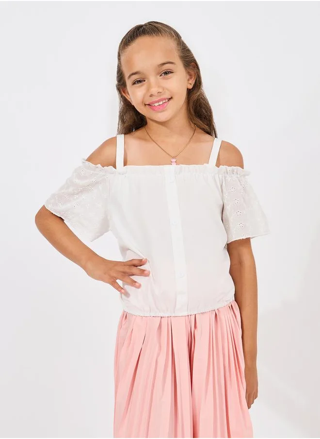 Styli Ruffle Sleeve Cold Shoulder Top & Pleated Skirt Set