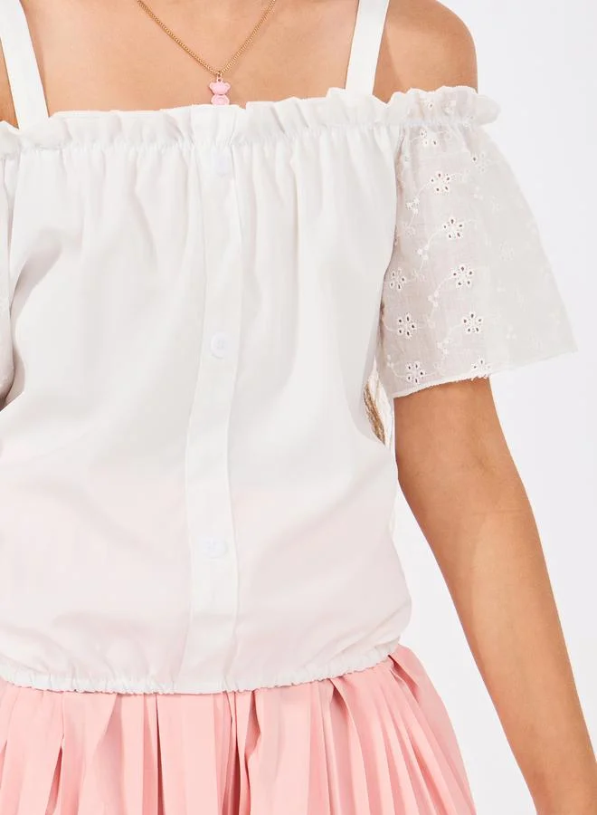 Styli Ruffle Sleeve Cold Shoulder Top & Pleated Skirt Set