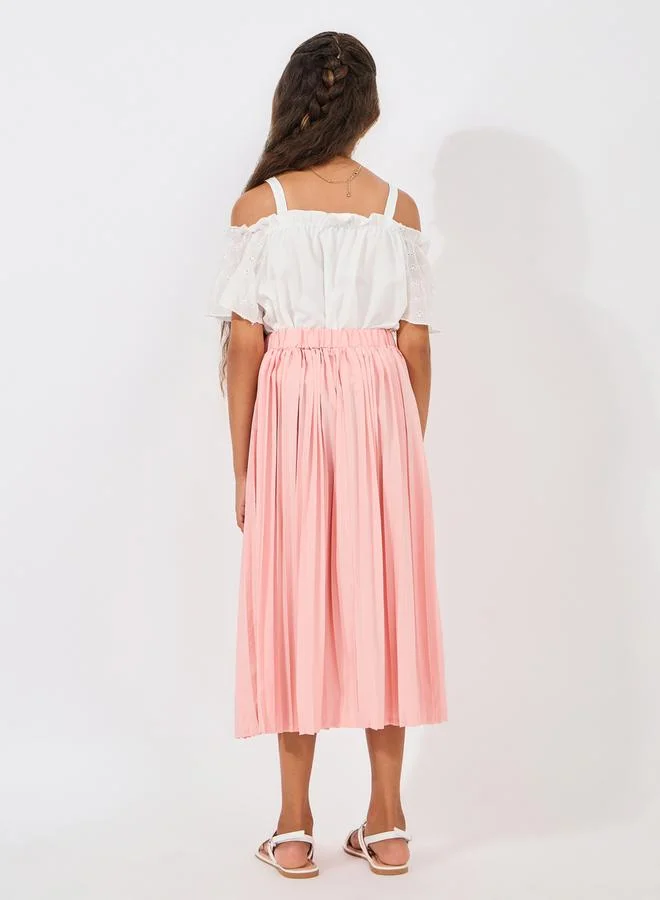 Styli Ruffle Sleeve Cold Shoulder Top & Pleated Skirt Set