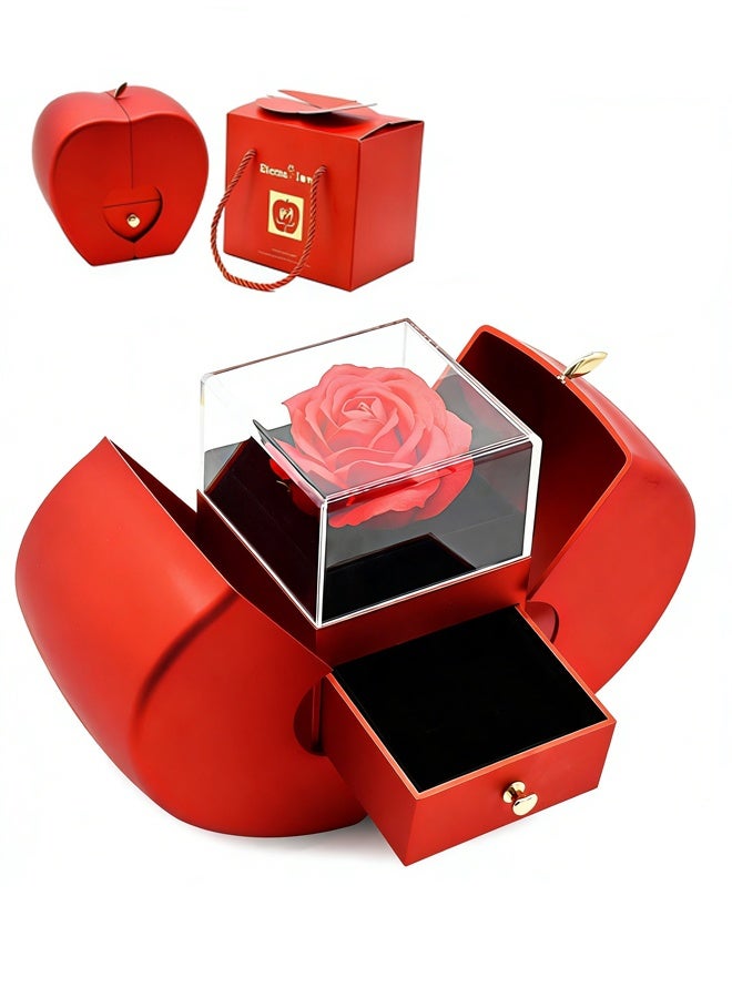 Red Apple Shape Jewelry Gift Box with Eternal Preserved Rose, Romantic Surprise Packaging for Proposal, Wedding, Valentine’s Day, Anniversary, Birthday, Mother’s Day Gifts for Wife Girlfriend Mother - Image 1