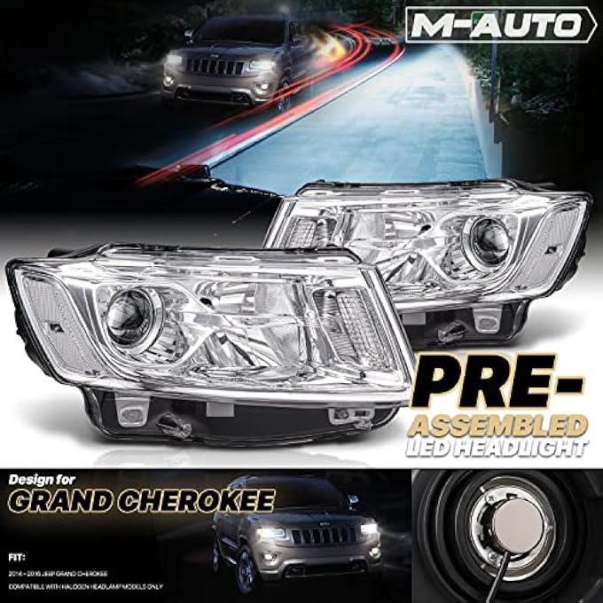 M-AUTO Headlights Headlamps WPreAssembled 6000K Led Bulbs Compatible With 2014 2015 2016 Jeep Grand Cherokee Pre Facelift Chrome Housing Clear Corner Left Driver  Right Passenger Side Head Lights - Image 3