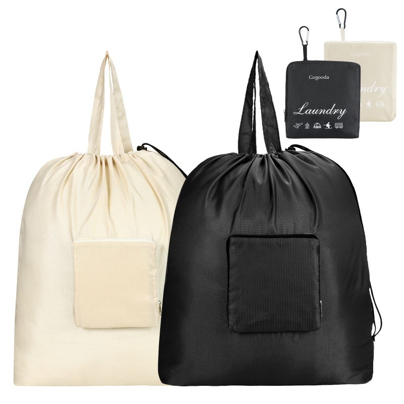 Gogooda Travel Laundry Bags With Drawstring Closure Xl Large Foldable Dirty Clothes Bags With Handle Heavy Duty And Washable For College Dorm Travelling Camping, 2 Pack, Black & Beige - Image 1