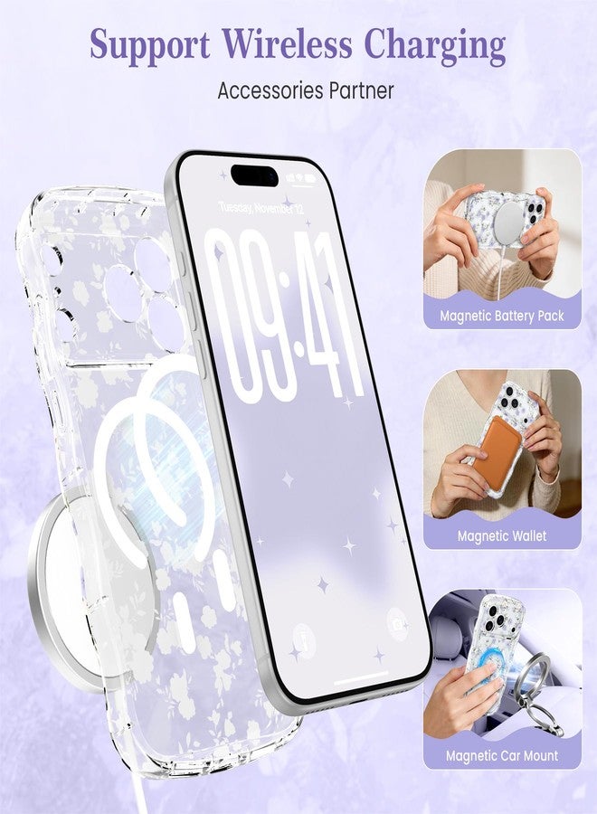 RALEAVO جراب مغناطيسي من RALEAVO لهاتف iPhone 17 Pro Max، متوافق مع Magsafe، جراب هاتف مموج لطيف مزين بالزهور، غطاء حماية صلب مقاوم للصدمات من البولي كربونات، مناسب للفتيات والسيدات، لهاتف iPhone 17 Pro Max - زهرة بنفسجية - Image 4