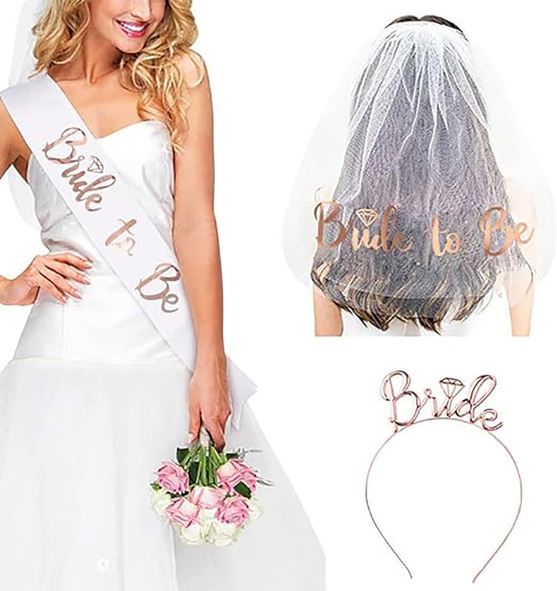 Delphinus Bride to Be Set, 3pack Bride to Be Sash & Headband Tiara & Shoulder Length Veil Bachelorette Party Supplies Bridal Shower Decoration Accessories - Image 1