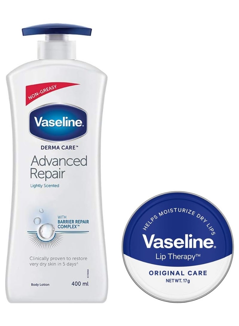 Vaseline Derma Care Advanced Repair Body Lotion, 400 ml & Vaseline Lip Tin Original Care Infused with Vitamin E for Healthy Lips & Natural Glossy Shine, Moisturizes & Hydrates Dry, Chapped Lips, 17g - Image 1