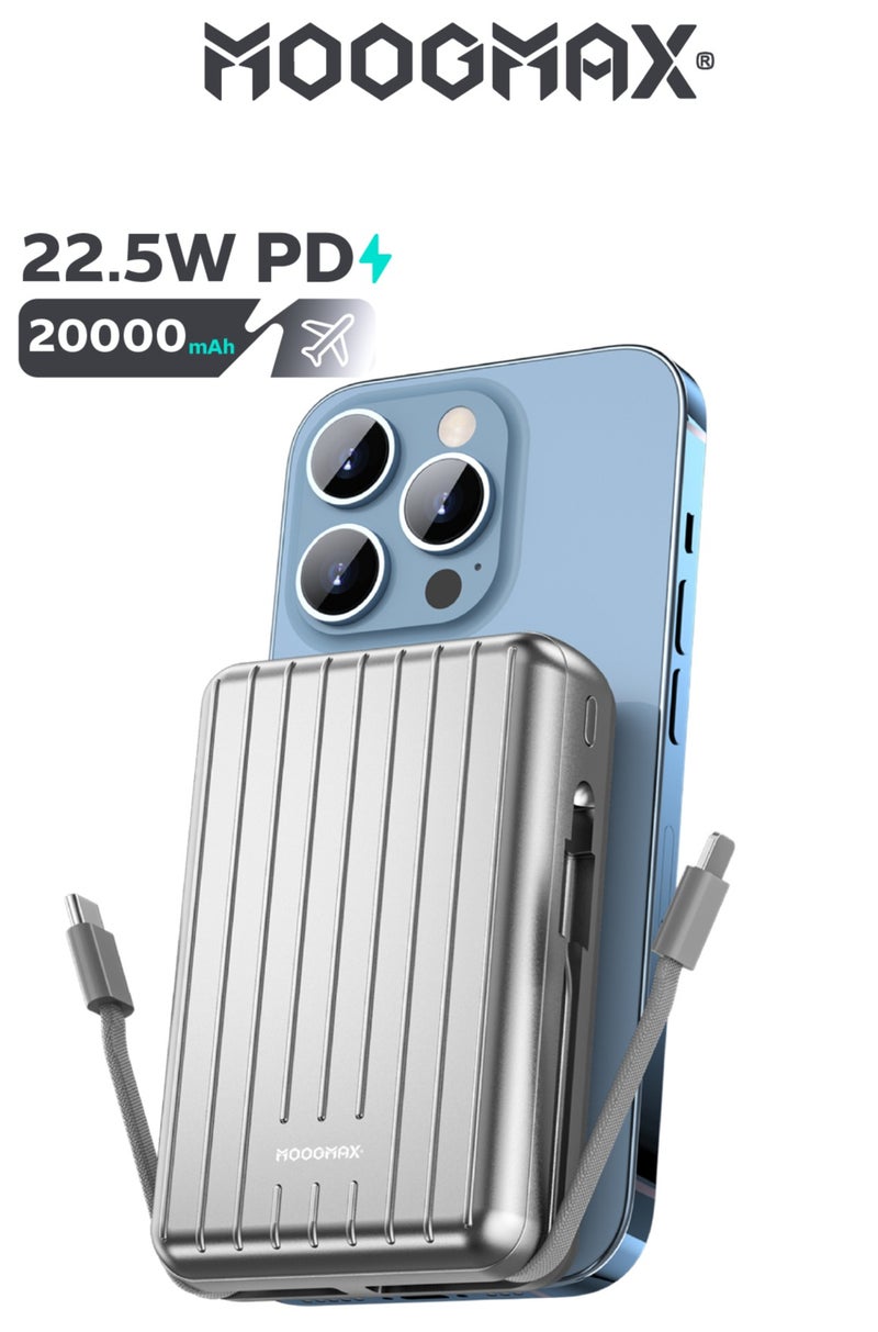 موجماكس باور بنك لاسلكي مغناطيسي من سلسلة trunk بسعة 20000mAh والجهد 22.5W فائق الشحن وكبلان مدمجان مع شحن لاسلكي بجهد 15 واط و 3 منافذ خارجية 1 Type-c و 1 Type-A ومنفذ لايتنينج(ايفون) لشحن الباوربنك. فضي - Image 1