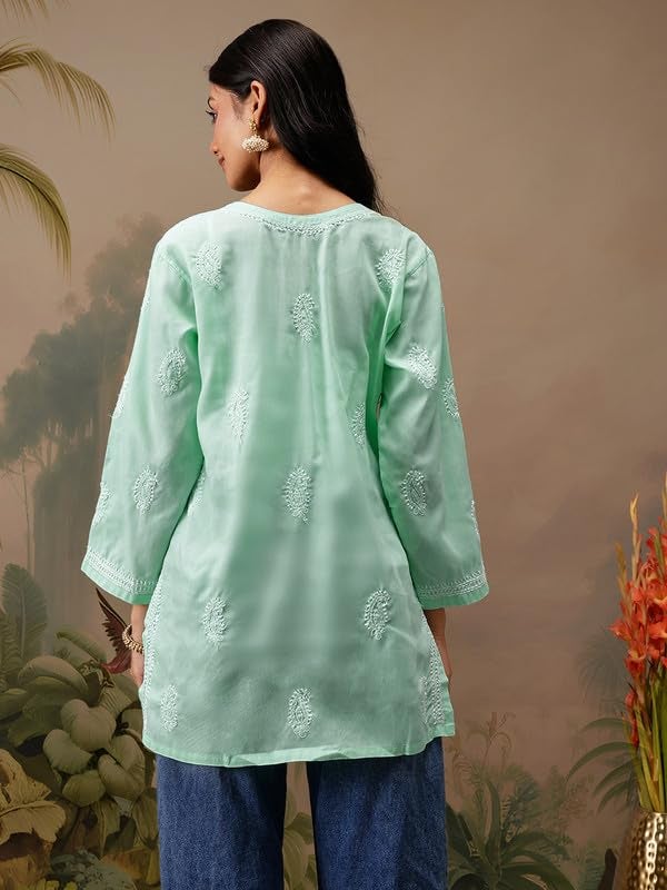 Ada Women Cotton Regular Fit Hand Embroidered Sea Green Short Kurta Kurti Lucknow Chikankari Top Tunic A911466 (XL) - Image 2