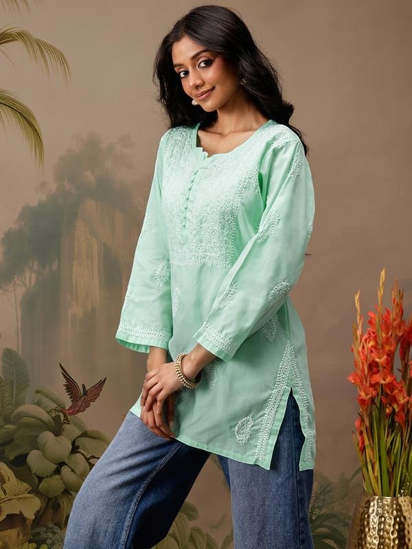 Ada Women Cotton Regular Fit Hand Embroidered Sea Green Short Kurta Kurti Lucknow Chikankari Top Tunic A911466 (XL) - Image 4