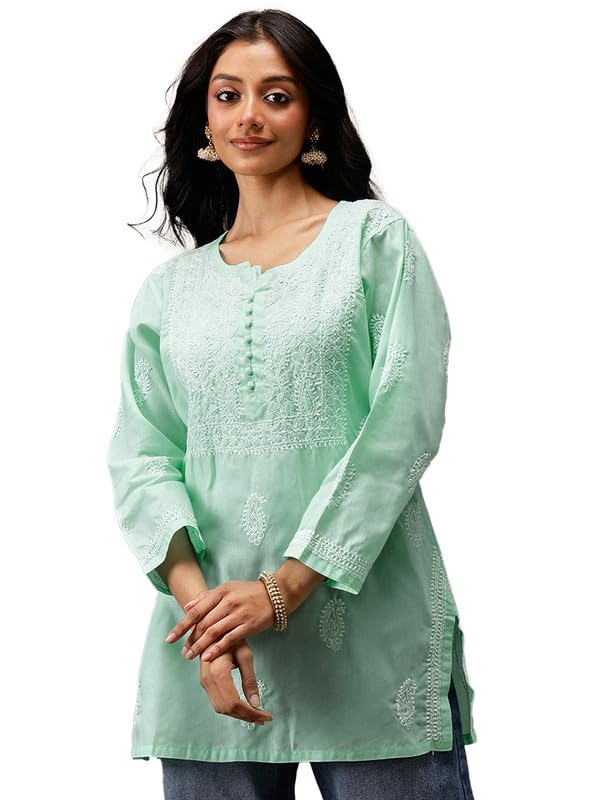 Ada Women Cotton Regular Fit Hand Embroidered Sea Green Short Kurta Kurti Lucknow Chikankari Top Tunic A911466 (XL) - Image 1