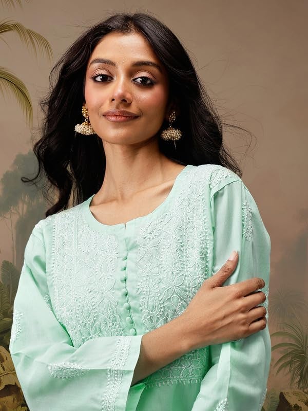 Ada Women Cotton Regular Fit Hand Embroidered Sea Green Short Kurta Kurti Lucknow Chikankari Top Tunic A911466 (XL) - Image 5